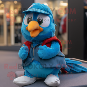 Turquoise Pheasant mascot costume character dressed with a Overalls and Beanies