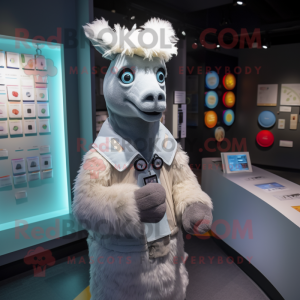 Gray Llama mascot costume character dressed with a Suit and Coin purses