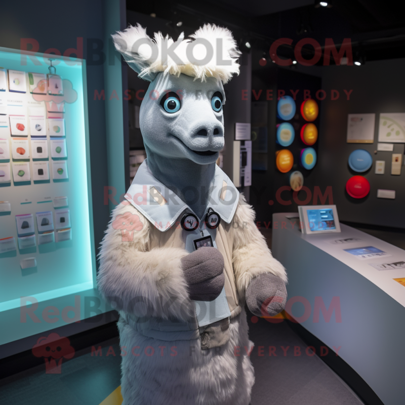 Gray Llama mascot costume character dressed with a Suit and Coin purses Gray Llama mascot costume character dressed with a Suit and Coin purses