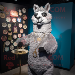 Gray Llama mascot costume character dressed with a Suit and Coin purses