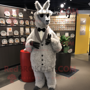 Gray Llama mascot costume character dressed with a Suit and Coin purses
