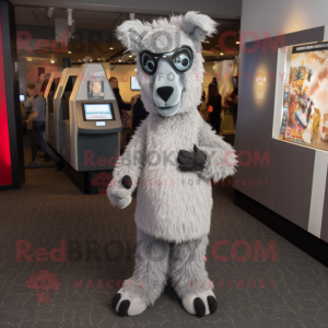 Gray Llama mascot costume character dressed with a Suit and Coin purses