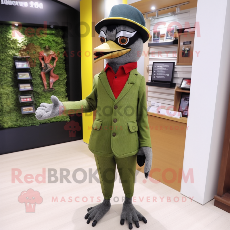 Olive Woodpecker mascot costume character dressed with a Suit Pants and Coin purses Olive Woodpecker mascot costume character dressed with a Suit Pants and Coin purses