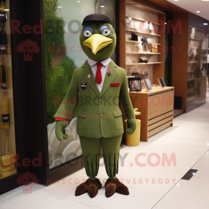 Olive Woodpecker mascot costume character dressed with a Suit Pants and Coin purses