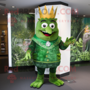 Forest Green King mascot costume character dressed with a Trousers and Lapel pins