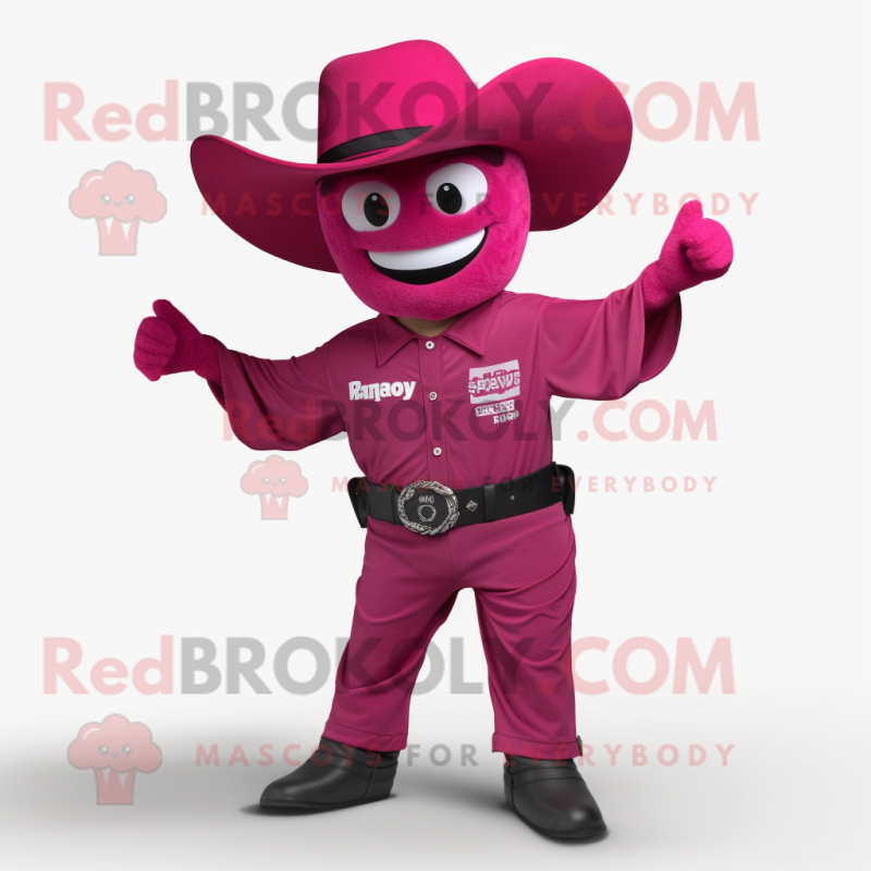 Magenta Cowboy mascot costume character dressed with a Jumpsuit and Hats Magenta Cowboy mascot costume character dressed with a Jumpsuit and Hats