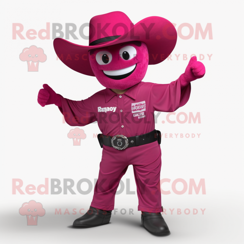 Magenta Cowboy mascot costume character dressed with a Jumpsuit and Hats