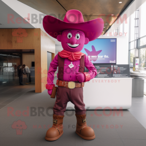 Magenta Cowboy mascot costume character dressed with a Jumpsuit and Hats