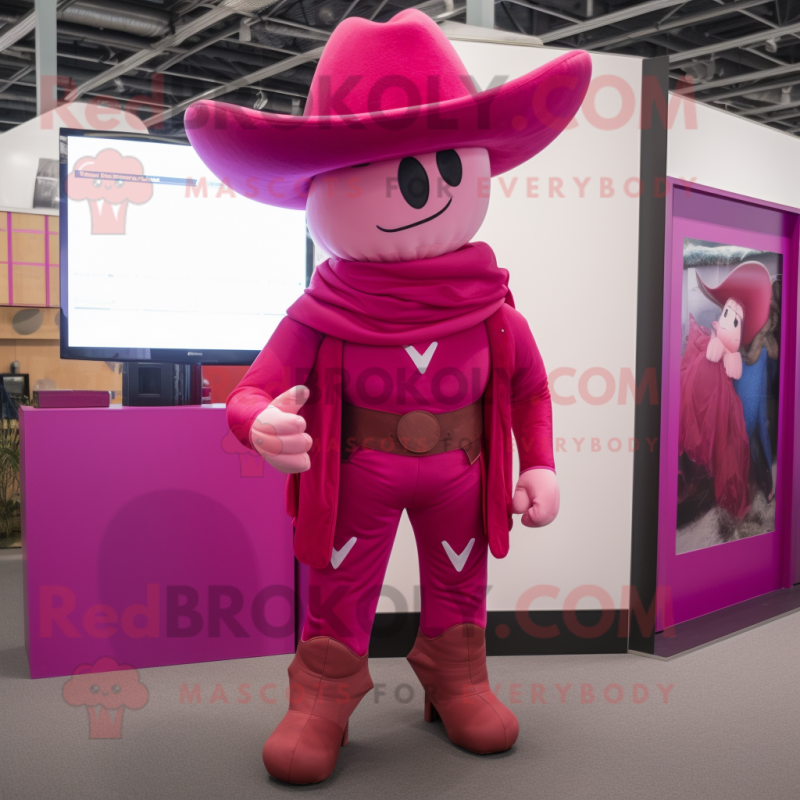Magenta Cowboy mascot costume character dressed with a Jumpsuit and Hats