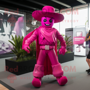 Magenta Cowboy mascot costume character dressed with a Jumpsuit and Hats