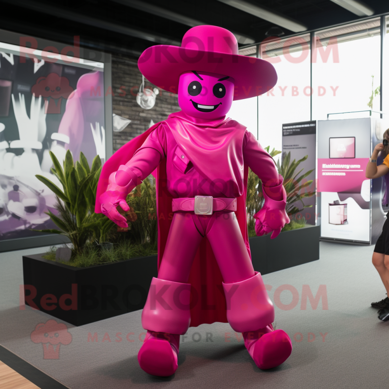 Magenta Cowboy mascot costume character dressed with a Jumpsuit and Hats Magenta Cowboy mascot costume character dressed with a Jumpsuit and Hats