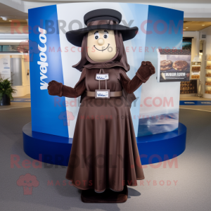 Navy Chocolate Bar mascot costume character dressed with a Maxi Dress and Hats