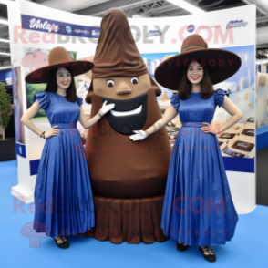 Navy Chocolate Bar mascot costume character dressed with a Maxi Dress and Hats