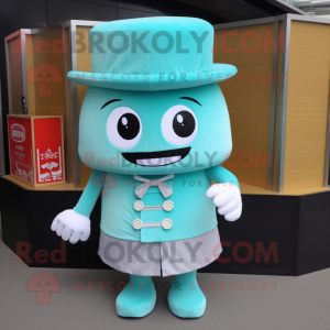 Cyan Dim Sum mascot costume character dressed with a Tank Top and Hat pins