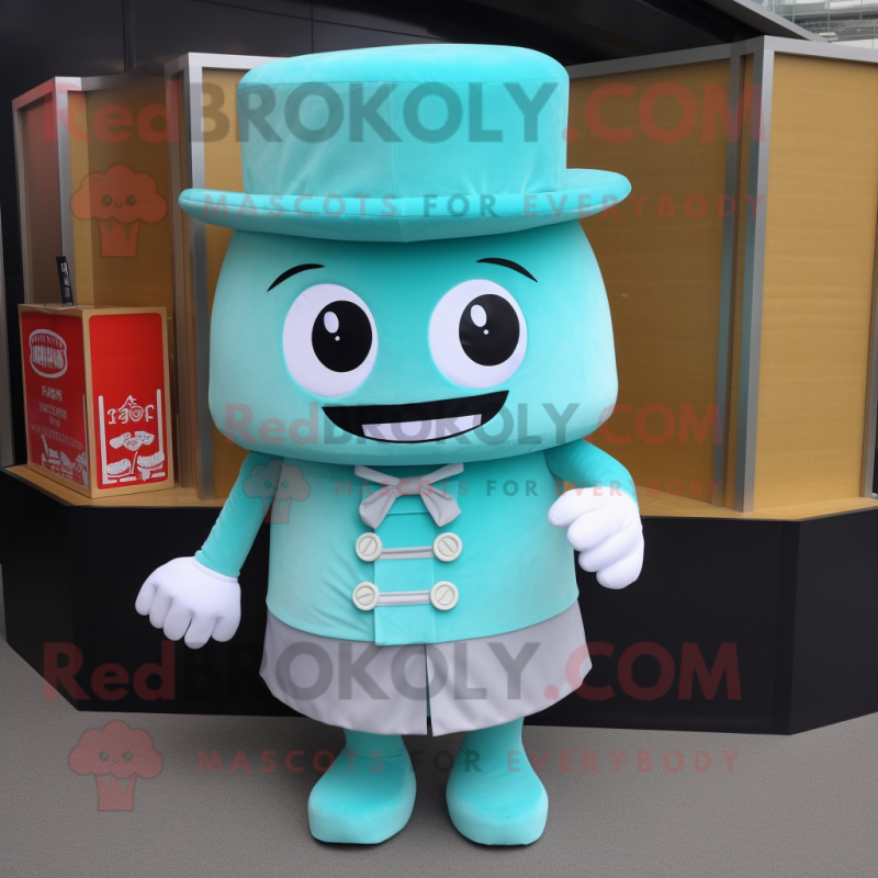 Cyan Dim Sum mascot costume character dressed with a Tank Top and Hat pins Cyan Dim Sum mascot costume character dressed with a Tank Top and Hat pins