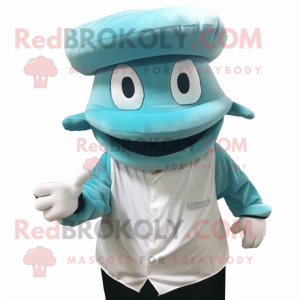 Cyan Dim Sum mascot costume character dressed with a Tank Top and Hat pins