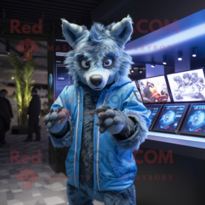 Blue Hyena mascot costume character dressed with a Jacket and Digital watches