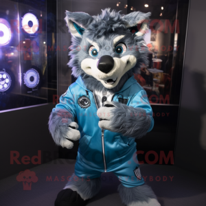 Blue Hyena mascot costume character dressed with a Jacket and Digital watches