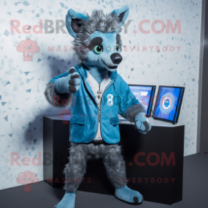 Blue Hyena mascot costume character dressed with a Jacket and Digital watches