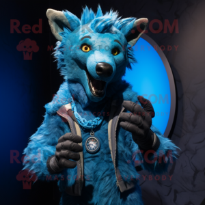 Blue Hyena mascot costume character dressed with a Jacket and Digital watches