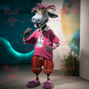 Magenta Okapi mascot costume character dressed with a Bermuda Shorts and Hairpins
