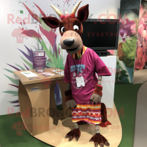 Magenta Okapi mascot costume character dressed with a Bermuda Shorts and Hairpins