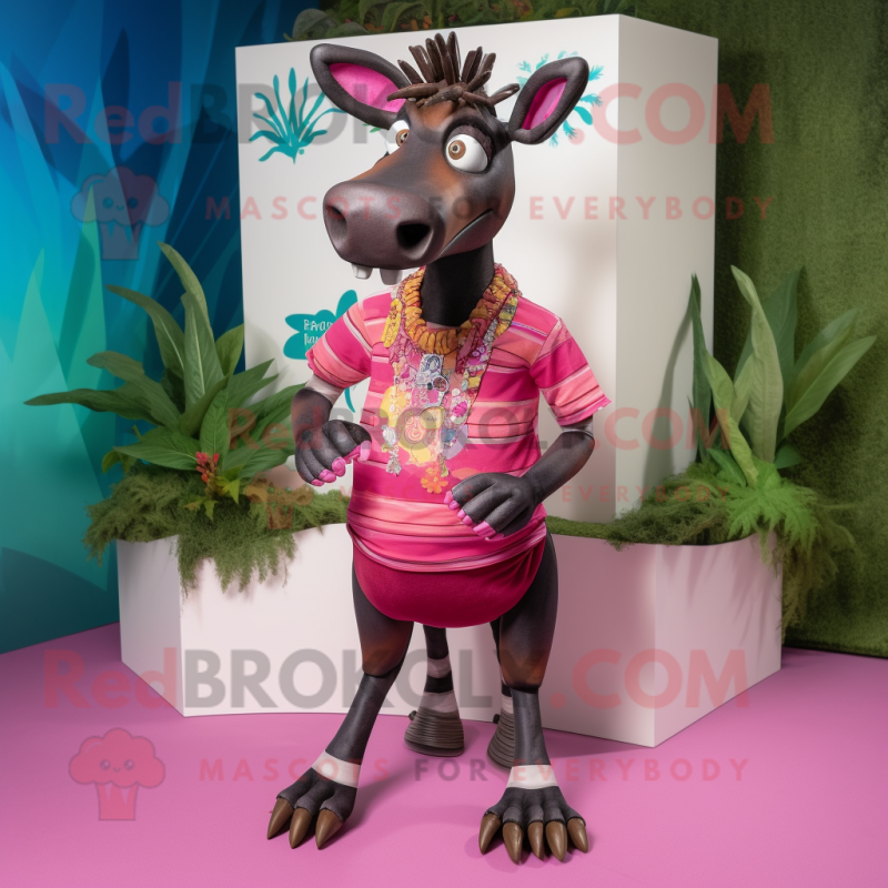 Magenta Okapi mascot costume character dressed with a Bermuda Shorts and Hairpins