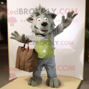 Olive Wild Boar mascot costume character dressed with a Chambray Shirt and Tote bags