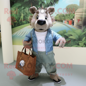 Olive Wild Boar mascot costume character dressed with a Chambray Shirt and Tote bags