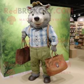 Olive Wild Boar mascot costume character dressed with a Chambray Shirt and Tote bags