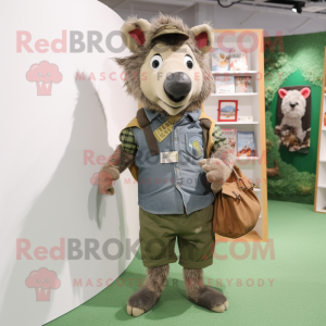 Olive Wild Boar mascot costume character dressed with a Chambray Shirt and Tote bags