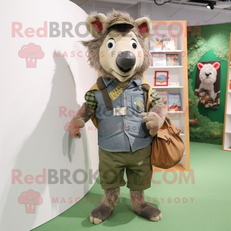 Olive Wild Boar mascot costume character dressed with a Chambray Shirt and Tote bags Olive Wild Boar mascot costume character dressed with a Chambray Shirt and Tote bags