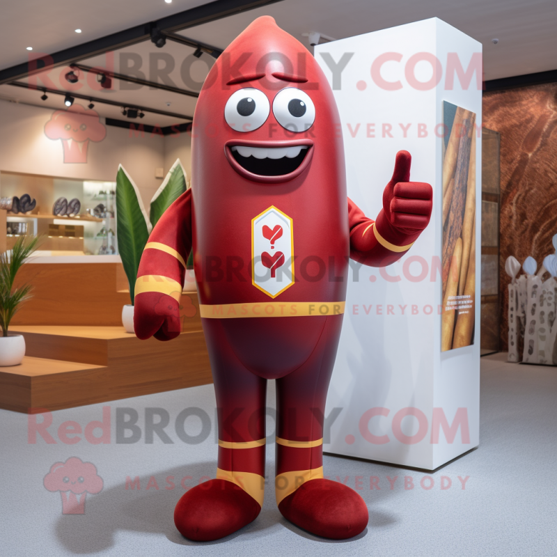 Maroon French Fries mascot costume character dressed with a Rash Guard and Anklets Maroon French Fries mascot costume character dressed with a Rash Guard and Anklets