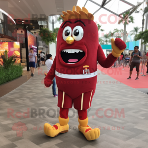 Maroon French Fries mascot costume character dressed with a Rash Guard and Anklets