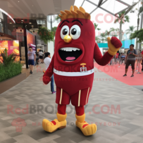 Maroon French Fries mascot costume character dressed with a Rash Guard and Anklets