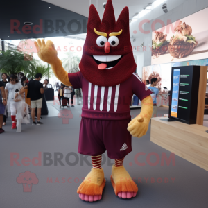 Maroon French Fries mascot costume character dressed with a Rash Guard and Anklets