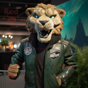 Forest Green Smilodon mascot costume character dressed with a Biker Jacket and Lapel pins