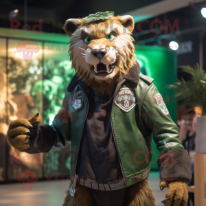 Forest Green Smilodon mascot costume character dressed with a Biker Jacket and Lapel pins