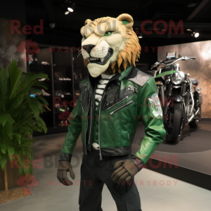 Forest Green Smilodon mascot costume character dressed with a Biker Jacket and Lapel pins