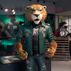 Forest Green Smilodon mascot costume character dressed with a Biker Jacket and Lapel pins