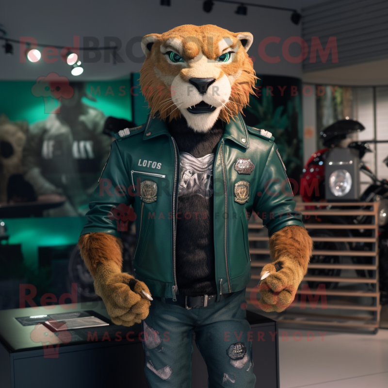 Forest Green Smilodon mascot costume character dressed with a Biker Jacket and Lapel pins Forest Green Smilodon mascot costume character dressed with a Biker Jacket and Lapel pins