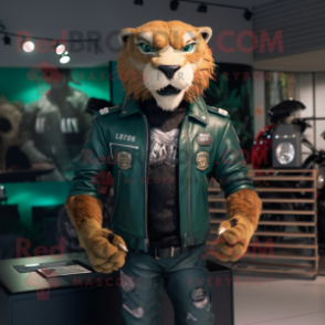 Forest Green Smilodon mascot costume character dressed with a Biker Jacket and Lapel pins