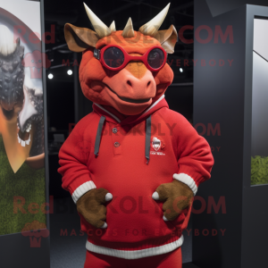 Red Triceratops mascot costume character dressed with a Sweatshirt and Eyeglasses