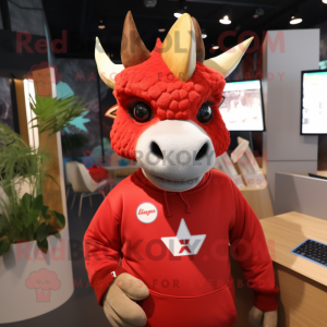 Red Triceratops mascot costume character dressed with a Sweatshirt and Eyeglasses