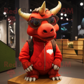 Red Triceratops mascot costume character dressed with a Sweatshirt and Eyeglasses