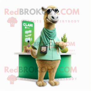 Green Camel mascot costume character dressed with a Cardigan and Lapel pins