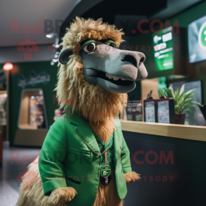 Green Camel mascot costume character dressed with a Cardigan and Lapel pins