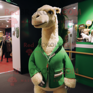 Green Camel mascot costume character dressed with a Cardigan and Lapel pins
