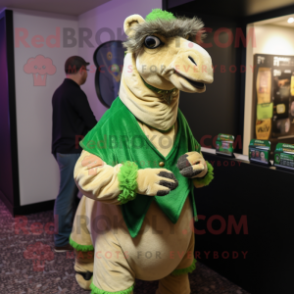 Green Camel mascot costume character dressed with a Cardigan and Lapel pins