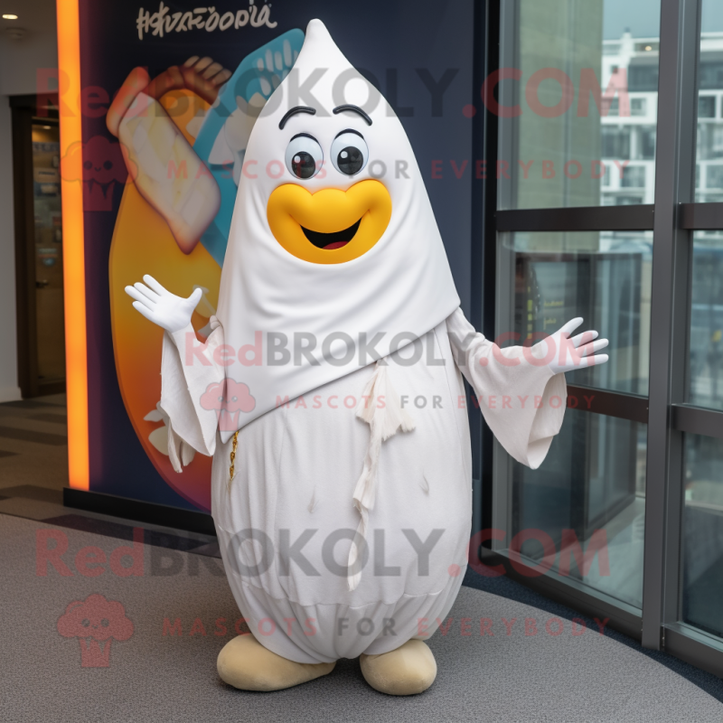 White Shakshuka mascot costume character dressed with a Dress and Scarves